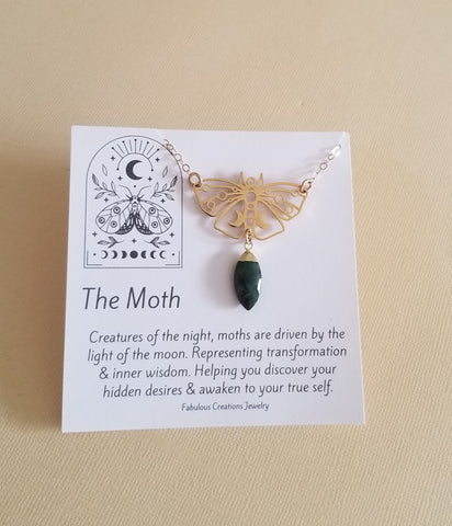 Raw Emerald Necklace, May Birthstone, Gold Moth Pendant Necklace, Gift for Her, Bohemian Stone Necklace