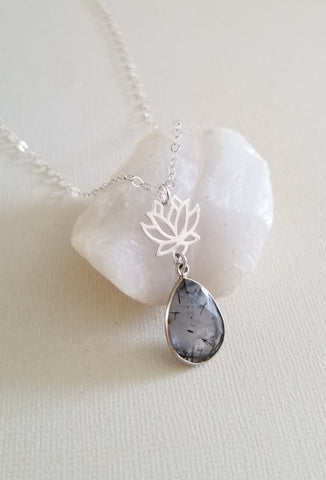 Black Rutilated Quartz Necklace, Lotus Flower Pendant Necklace for Women, Gift for Her, Gemstone Pendant Handmade in the USA
