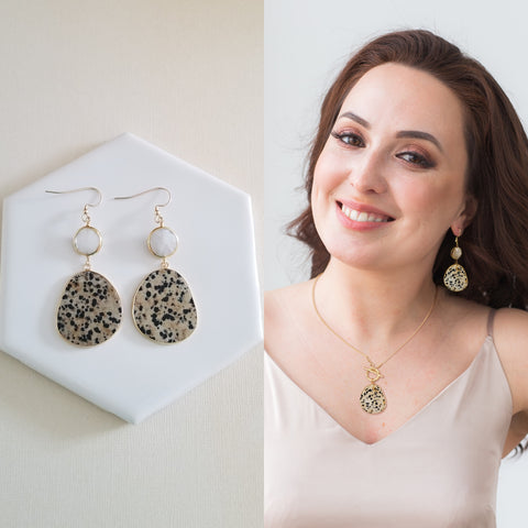 One of a kind raw Moonstone and Dalmation Jasper earrings, Statement Earrings