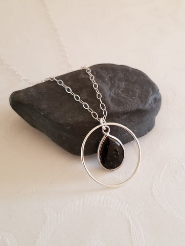 Black Onyx Teardrop Pendant Necklace, Gift for Her, Sterling Silver Circle Pendant