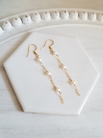 Long Pearl Earrings, Sterling Silver or Gold Filled