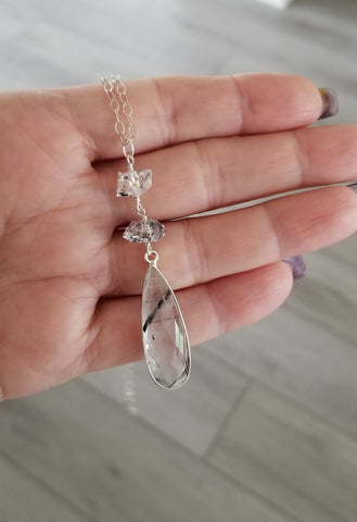 Black Rutilated Quartz and Raw Herkimer Diamonds Pendant Necklace