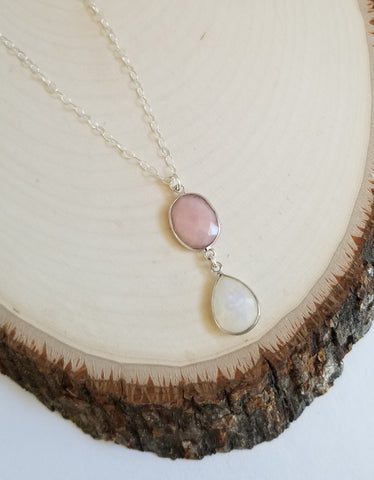 Pink Opal and Rainbow Moonstone Teardrop Pendant Necklace