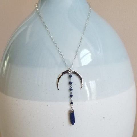 Sterling Silver Lapis Lazuli Moon Necklace, Boho Necklace