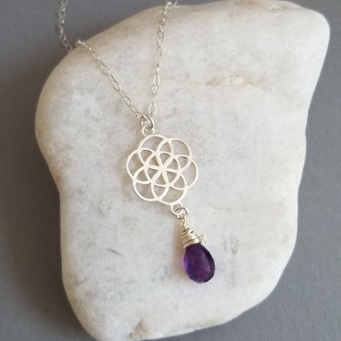 Amethyst Seed of Life Pendant Necklace, Sterling Silver