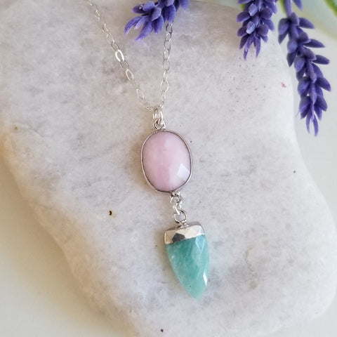 Pink Opal Necklace, Amazonite Necklace, Bohemian Gemstone Jewelry