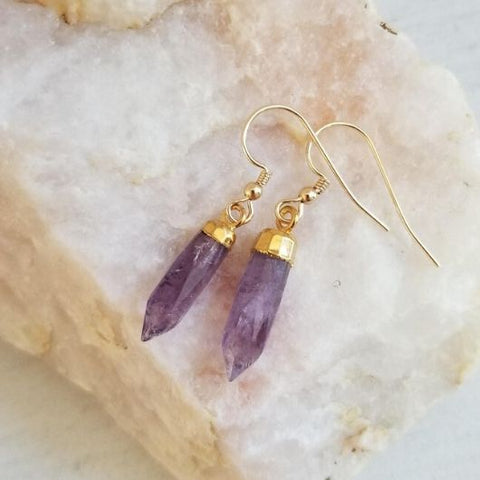 Amethyst Crystal Spike Earrings, Dainty Gold Earrings