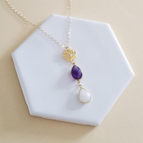 Amethyst and Moonstone Lotus Flower Pendant Necklace, Handmade Gemstone Jewelry