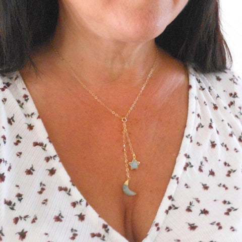 Aquamarine Moon and Star Necklace, Center Drop Y Necklace, Gold Filled Chain Necklace