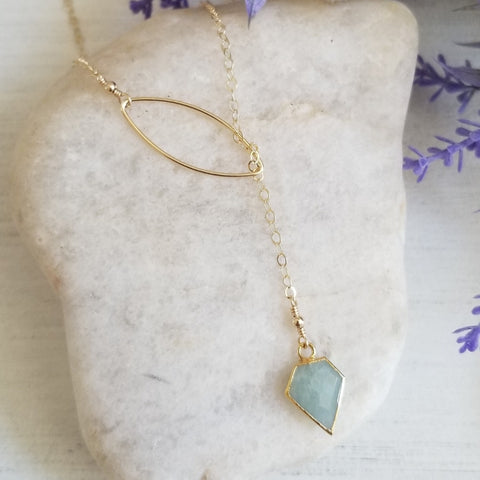 Aquamarine Y Necklace for women, Gold Lariat Necklace