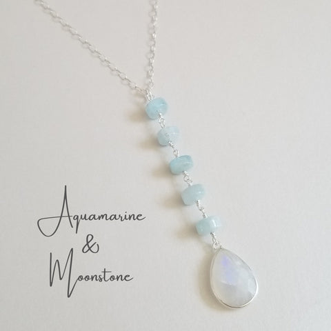 Aquamarine and Moonstone Long Pendant Necklace, Center Y Drop Necklace