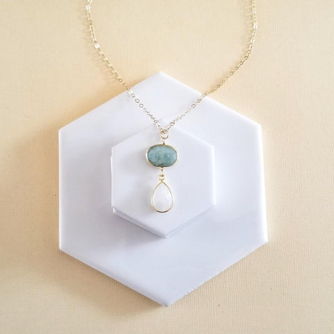 Handmade Gold Aquamarine and Moonstone Pendant Necklace for Women, Gift for Her, Natural Gemstone Necklace