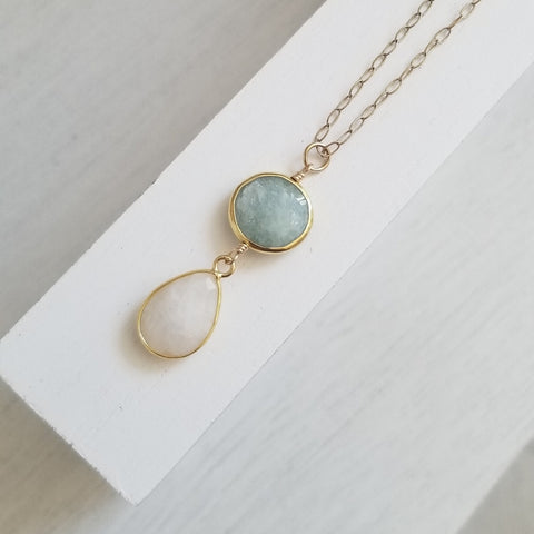 Aquamarine and Moonstone Pendant Necklace, Gold Filled Chain Necklace