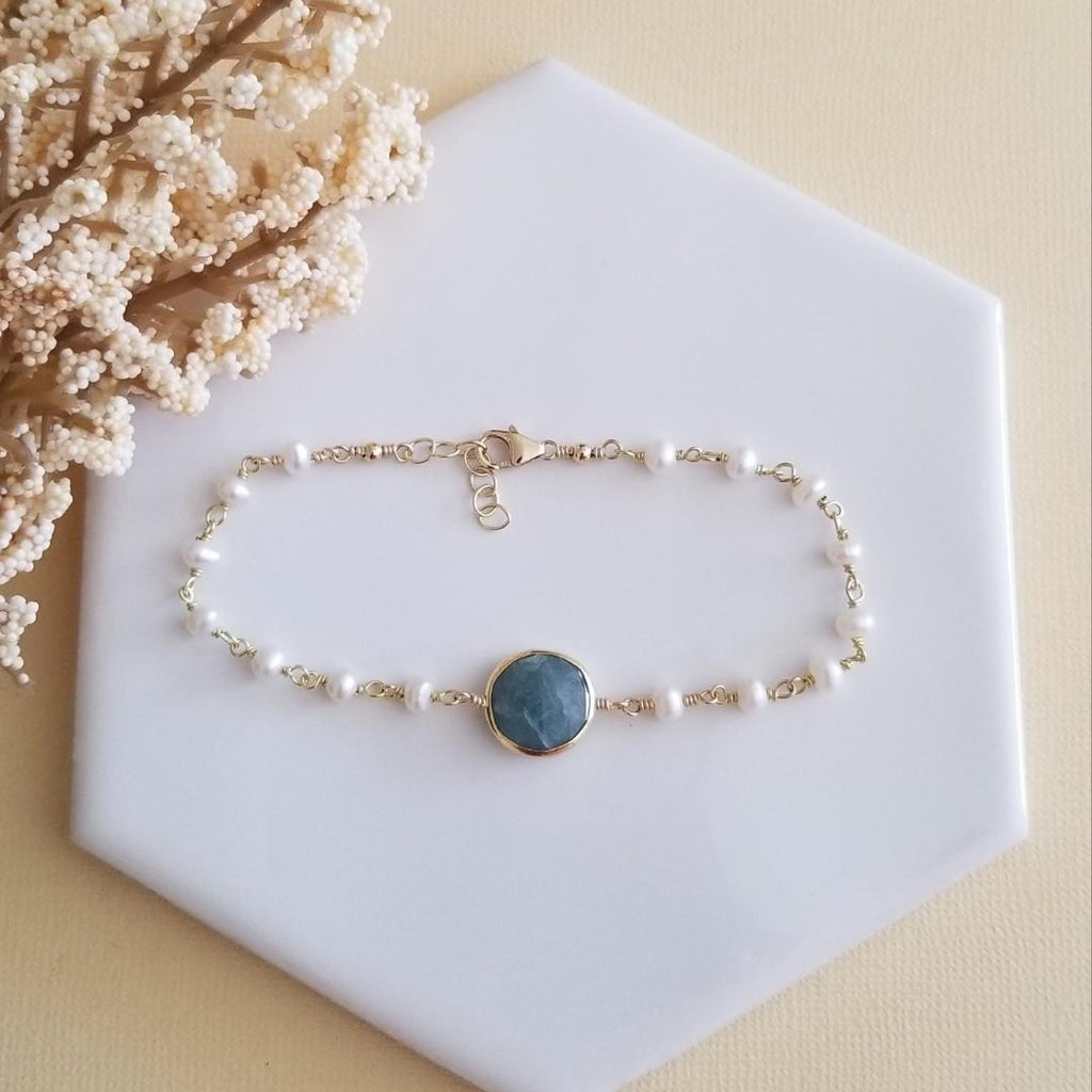 Pearl and Aquamarine Bracelet, Dainty Pearl Bracelet, Mother's Day Gift, Gold Aquamarine Bracelet, Gift for Moms, Skinny Pearl Bracelet