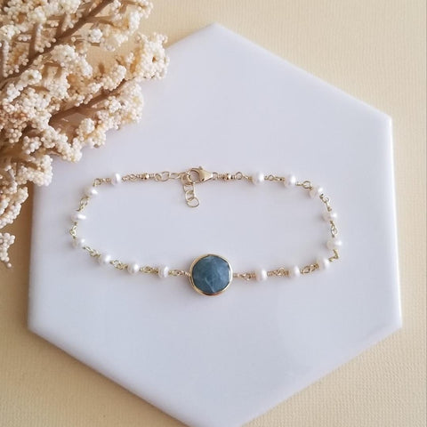 Dainty Freshwater Pearls and Aquamarine Bracelet for Moms, Mothers Day Gift