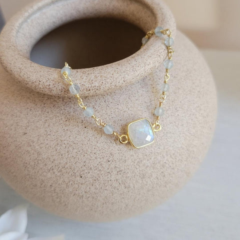 Aquamarine and Moonstone Bracelet, Boho Beaded Bracelet, Dainty Aquamarine Bracelet, Rosary Chain Bracelet, Raw Gemstone Bracelet