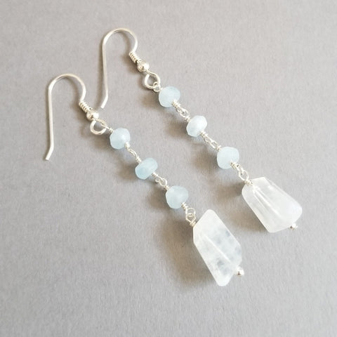Aquamarine and Moonstone Dangle Earrings, Sterling Silver or Gold Filled
