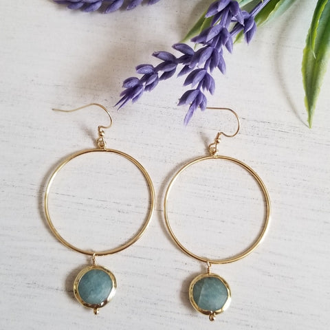 Gold Aquamarine earrings for women, Gold Hoop Earrings