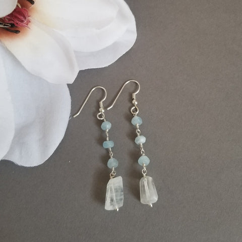 Aquamarine and Moonstone Dangle Earrings, Sterling Silver or Gold Filled