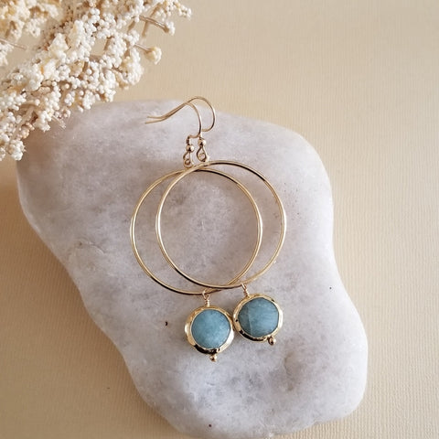 Aquamarine Earrings, Gold Hoops, March Birthstone, Boho Hoop Earrings, Hoops with Aquamarine, Gemstone Earrings, Bohemian Jewelry