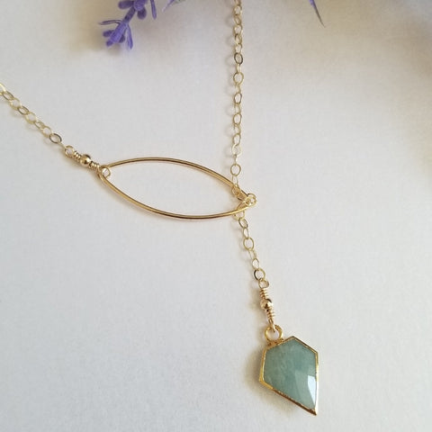 Gold Marquise Y Necklace, Aquamarine Lariat Necklace, Gift for Her, Handmade in the USA