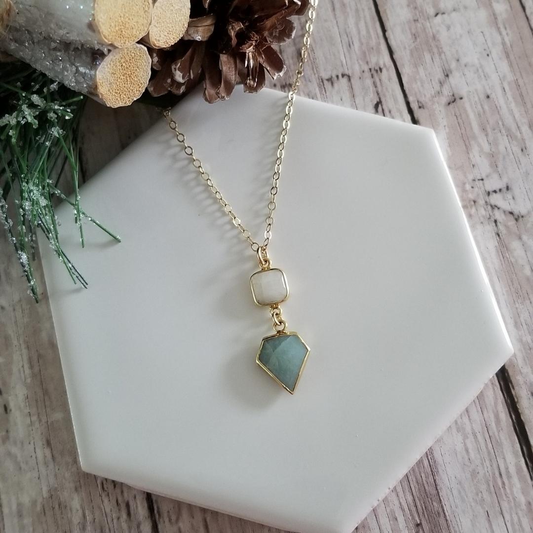 Aquamarine And Moonstone Pendant Necklace Thin Gold Chain