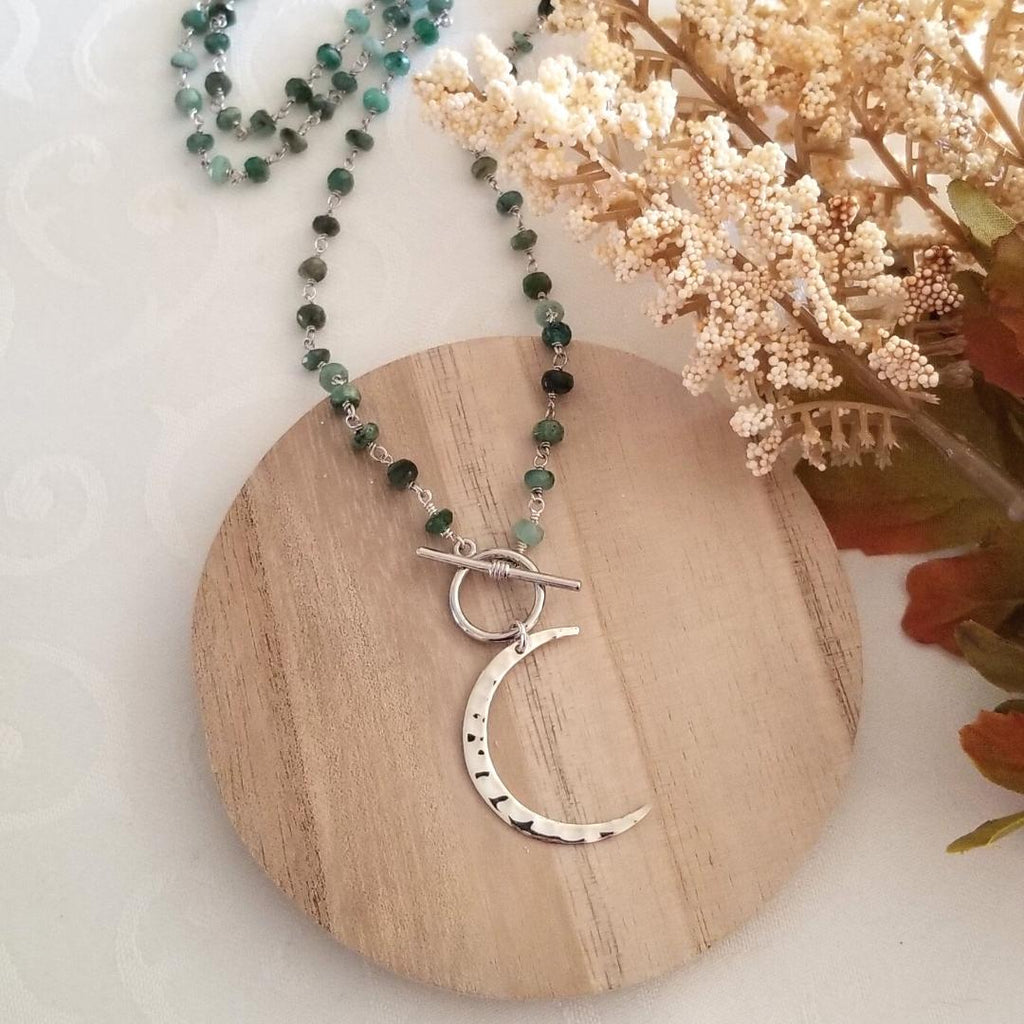 Raw Emerald Necklace, Sterling Silver Crescent Moon Pendant, Boho Beaded Necklace