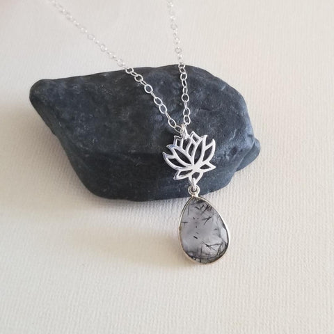Sterling Silver Lotus Flower with Black Rutilated Quartz