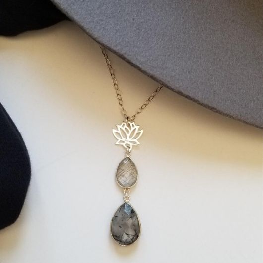 Black Rutilated Quartz Lotus Flower Pendant Necklace