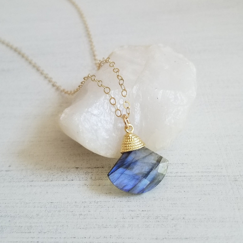 Blue Flash Labradorite Pendant Necklace, Gold Chain