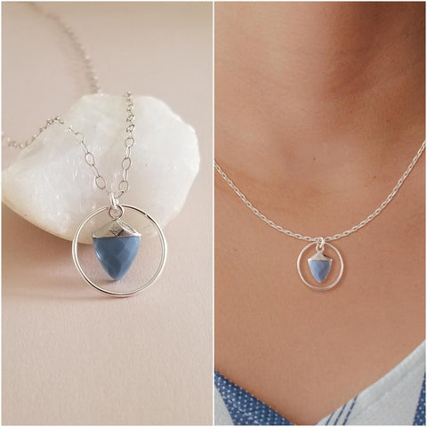 Blue Opal Necklace, Modern Circle Pendant Necklace, Sterling SIlver or Gold Filled