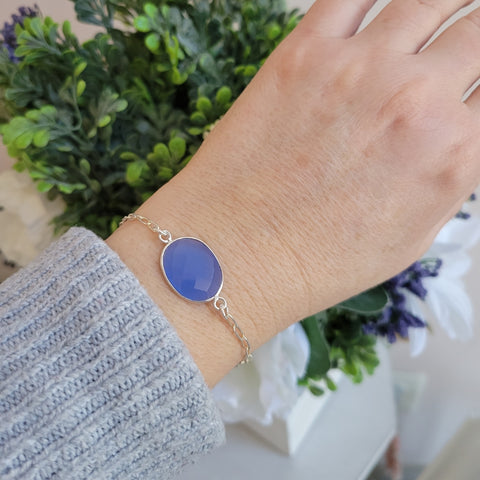 Blue Chalcedony Bracelet, Sterling Silver Paperclip Chain Bracelet