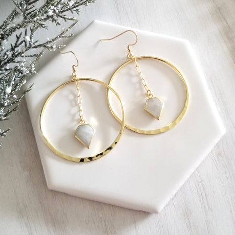 Moonstone Earrings, Large Gold Hoops, Raw Crystal Hoop Earrings, Gemstone Statement Earrings, Handmade Boho Jewelry, Moonstone Dangle