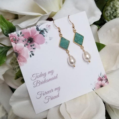 Gold Bridesmaid Pearl Earrings, Amazonite Earrings, Wedding Jewelry
