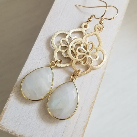 Bride Earrings, Brushed Gold Moonstone Flower Earrings