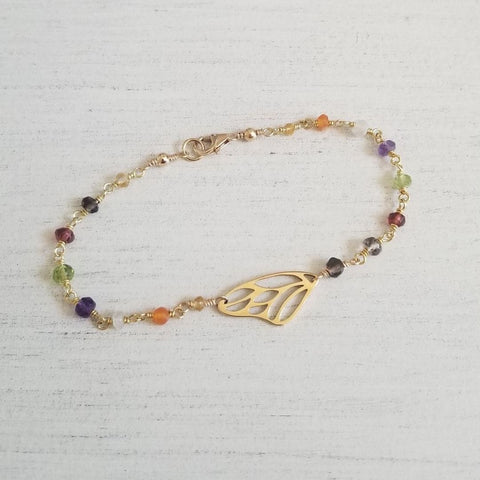 multi gemstone beaded bracelet with butterfly