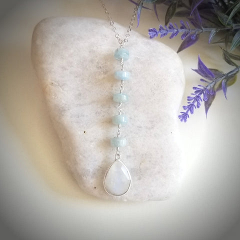 Aquamarine and Moonstone Long Pendant Necklace, Center Y Drop Necklace