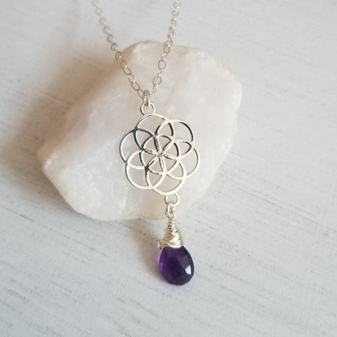 Sterling Silver Seed of Life Pendant necklace with Amethyst gemstone