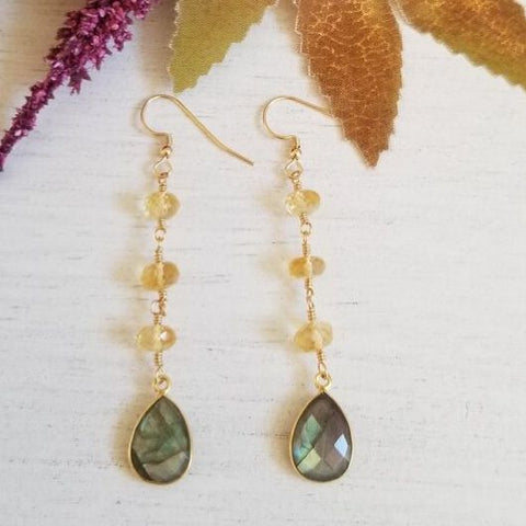 Gold Labradorite and Citrine Earrings
