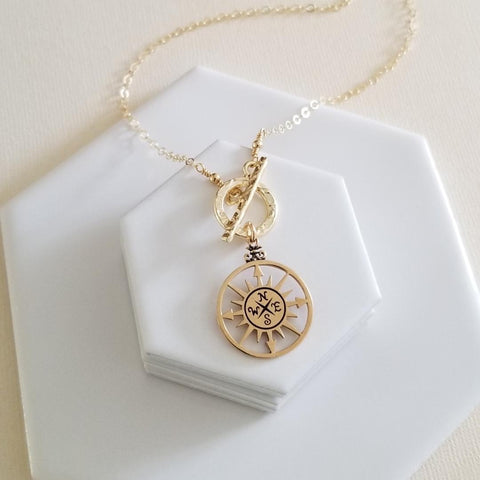 Compass Necklace, Gold Medallion Necklace, Front Toggle Necklace, Graduation Gift Idea, Compass Pendant Necklace, True North Necklace