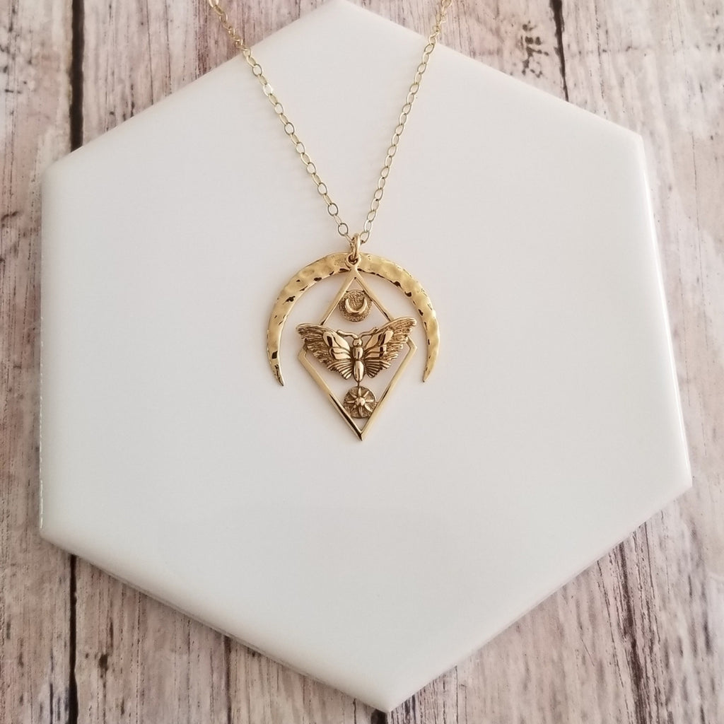 Gold Moth and Moon Pendant Necklace, Talisman Jewelry, Statement Necklace