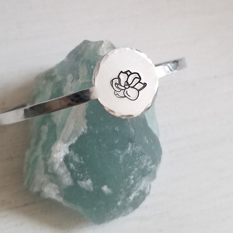Skinny Silver Cuff, Magnolia Flower Cuff Bracelet