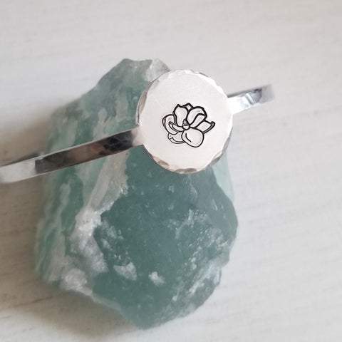 Skinny Cuff Bracelet for WOmen, Custom Stamped Magnolia Flower Bracelet