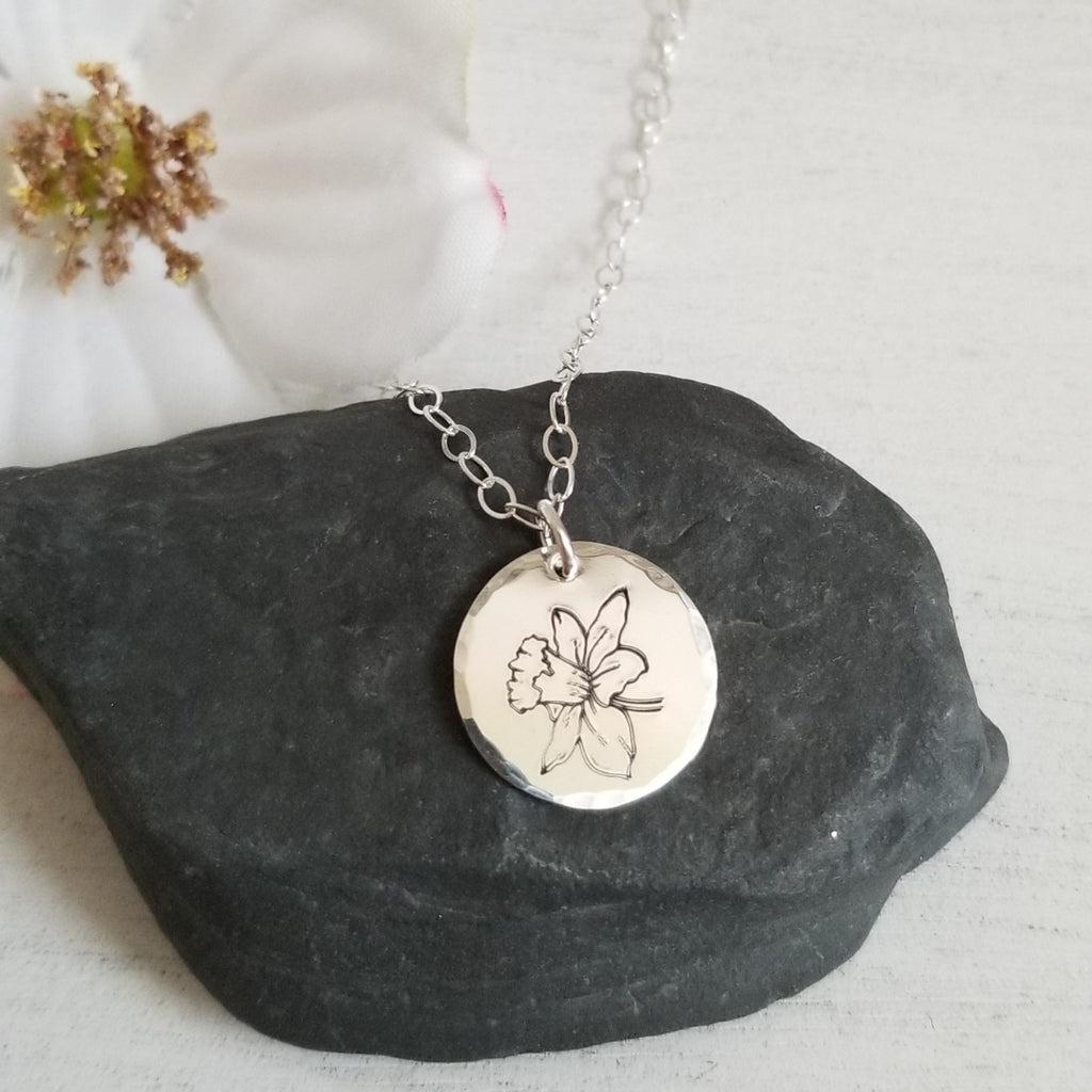 Daffodil flower necklace, Simple Charm Necklace for Everyday, Custom Stamped Jewelry