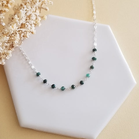 Dainty Beaded Choker Necklace, Sterling Silver, Emerald Jewelry, May Birthstone