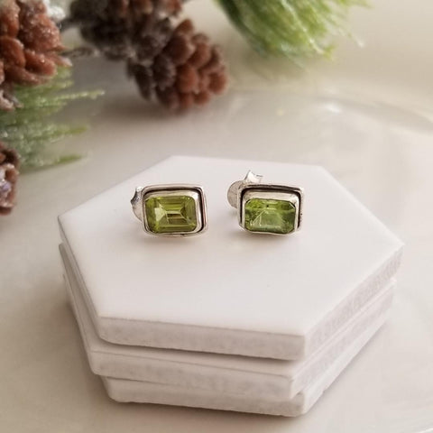 Sterling Silver Stud Earrings, Gift for Her, Dainty Sterling Silver Studs with Peridot Stones