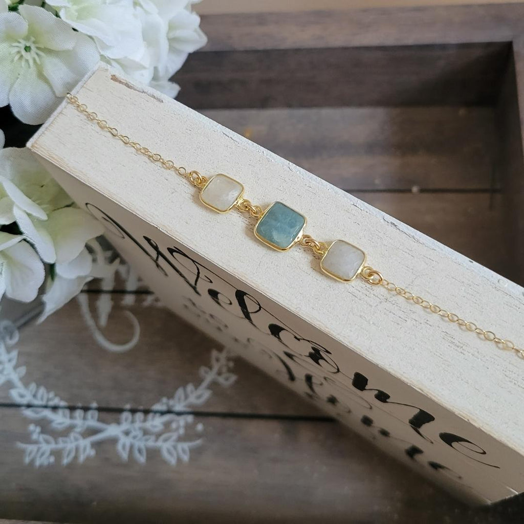 Aquamarine and Moonstone Necklace, Dainty Gold Necklace, Raw Crystal Bar Necklace, Layering Necklace