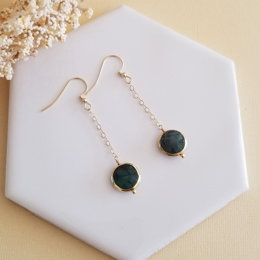 Raw Emerald Earrings, Long Gold Earrings