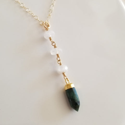 Emerald and Moonstone Center Drop Y Necklace