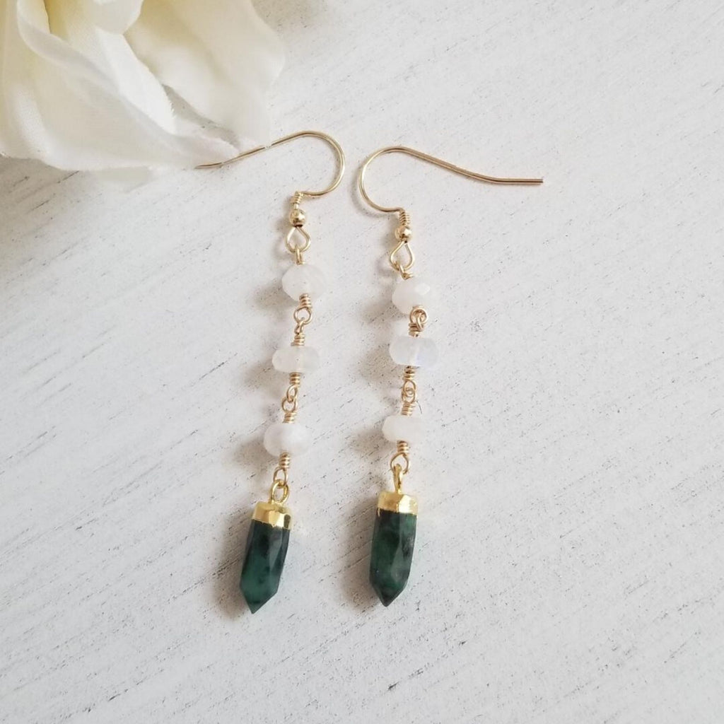 Emerald and Moonstone Earrings, Long Gemstone Earrings, Boho Stone Earrings